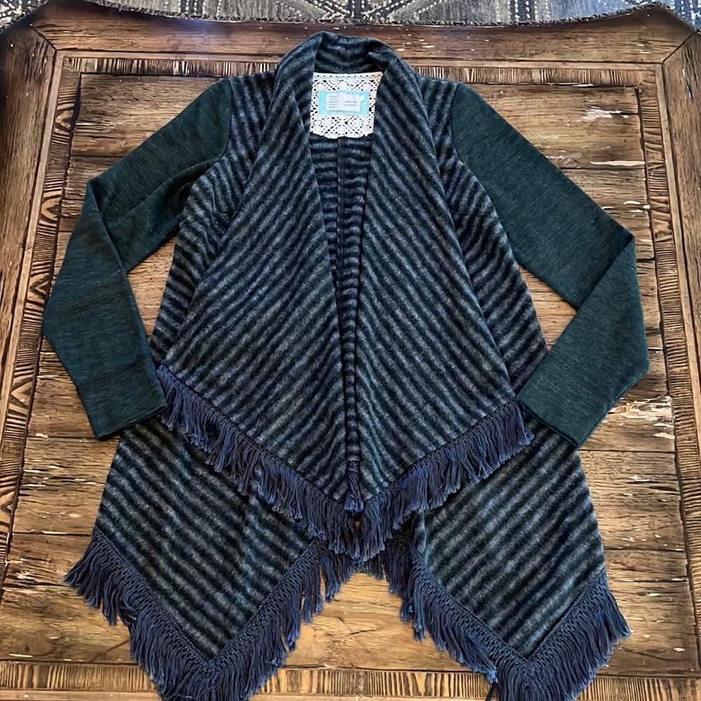 Anthropologie Green Handkerchief Fringe Sweater